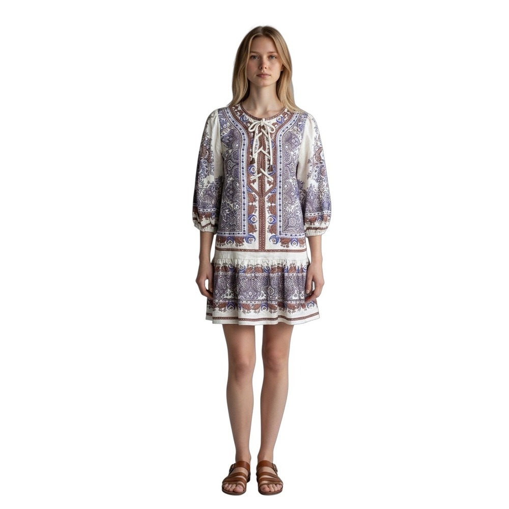 House Of Harlow 1960 Linen Paisley Lace-Up Mini Dress Size XS NWT